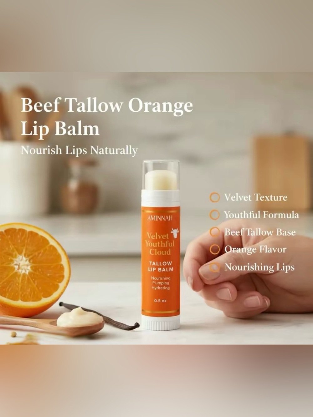 Aminnah Velvet Youthful Cloud Tallow Plumping Lip Balm - Orange Flavor, 0.5 oz - Picture 3 of 10